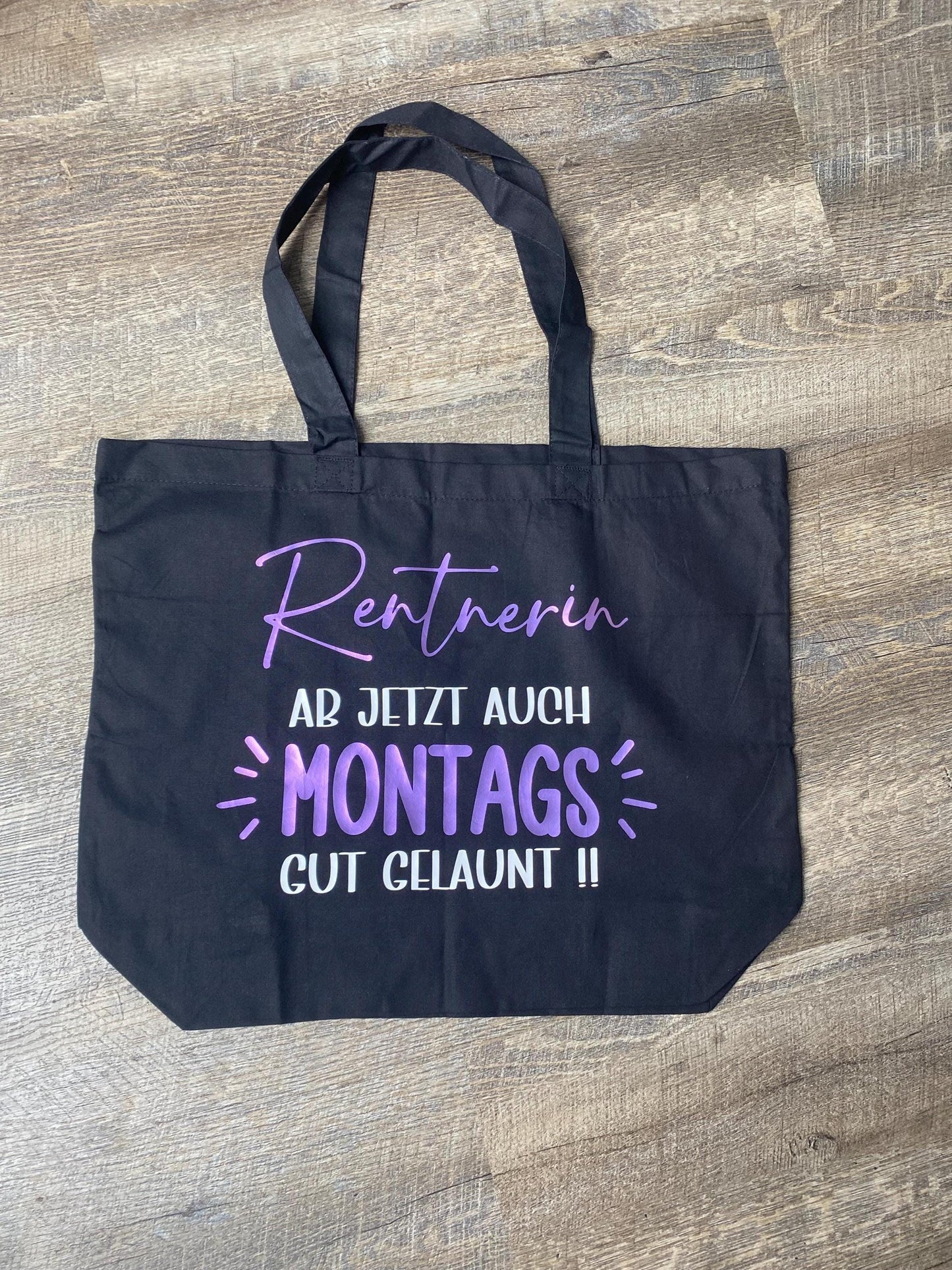 Personalisierter Jutebeutel für Rentnerin Geschenk zur Rente "Montags gut gelaunt" Einkaufstasche mit witzigem Spruch