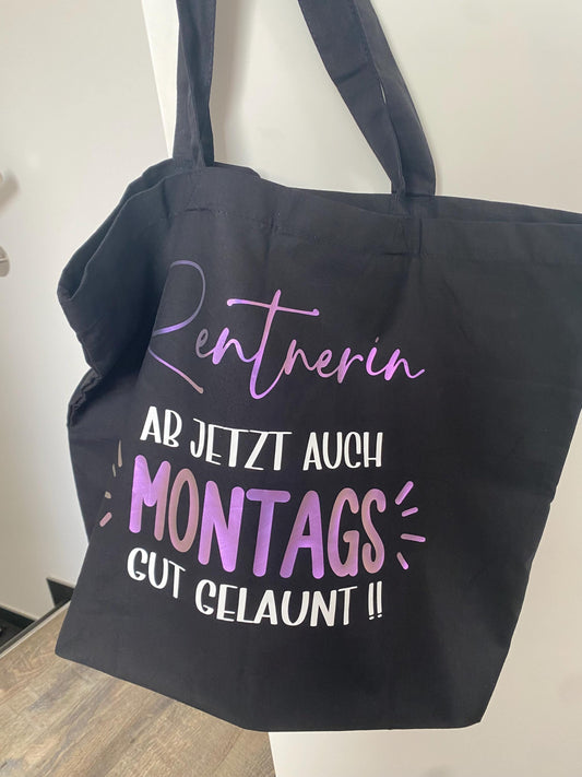 Personalisierter Jutebeutel für Rentnerin Geschenk zur Rente "Montags gut gelaunt" Einkaufstasche mit witzigem Spruch