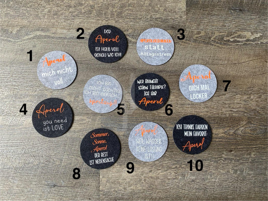 10 verschiedene Filzuntersetzer mit  Witzige Aperol Sprüche für Mädelsabend Geschenk Aperoltrinker