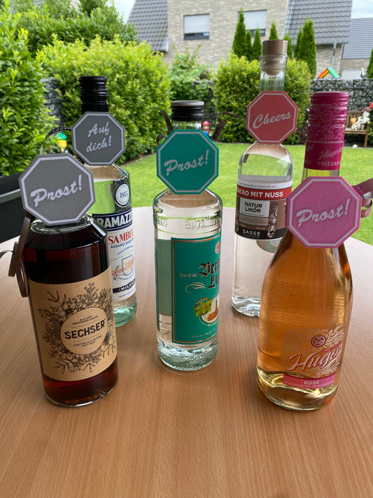Flaschenanhänger  mit Sprüchen Prost Cheers Auf dich Lillet Fee Geburtstagsgeschenk 3D gedruckt Oktagon